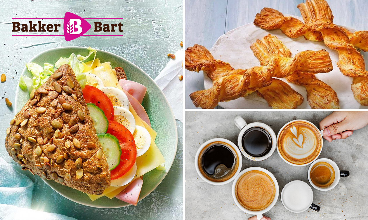 Belegd broodje + knabbelstengel + warme drank + donut bij Bakker Bart