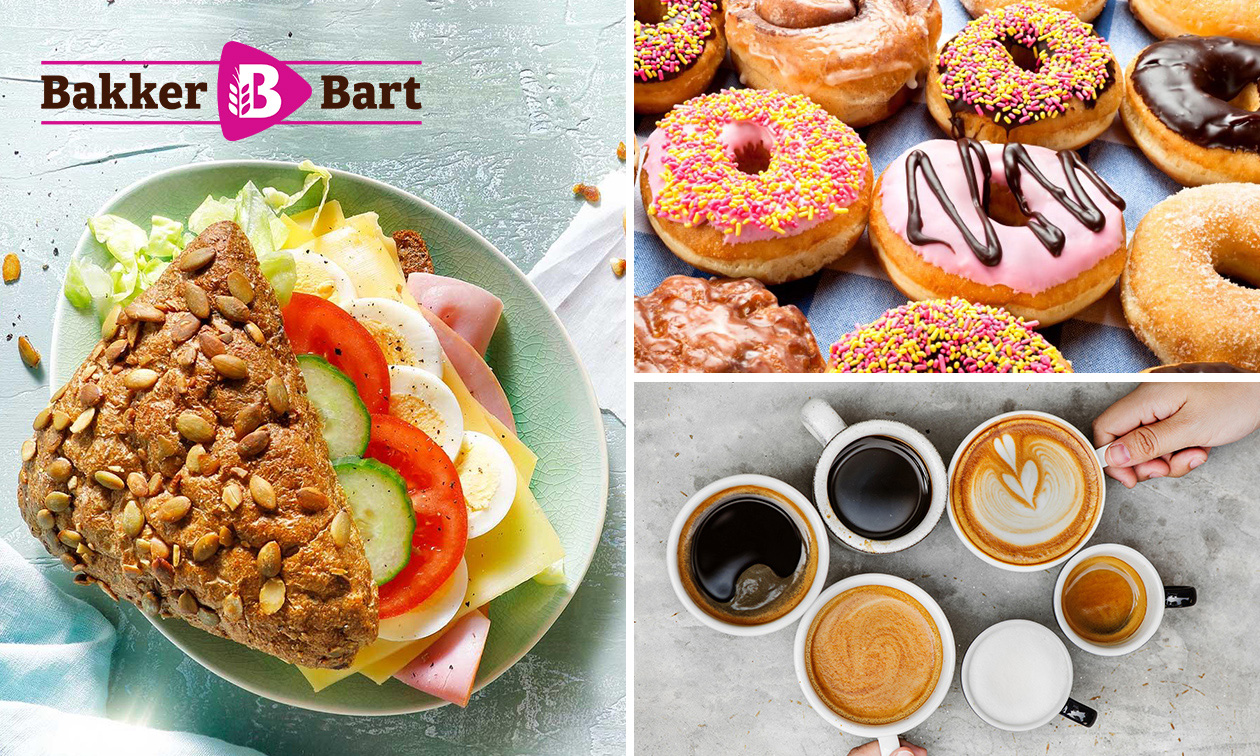 Belegd broodje + warme drank + suikerdonut bij Bakker Bart