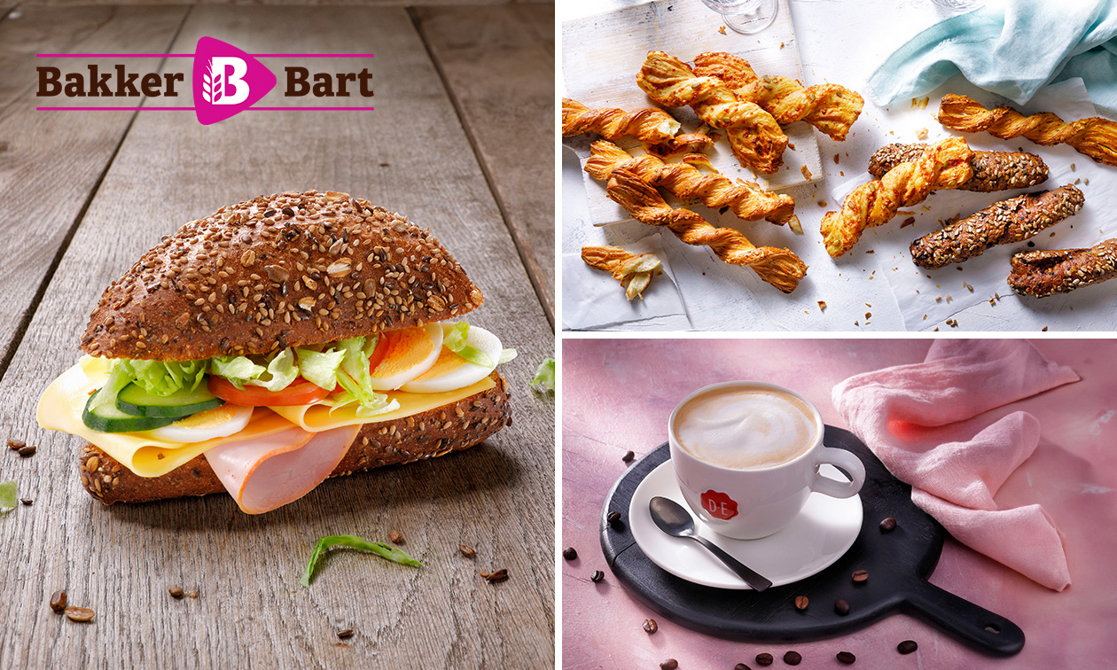 Belegd broodje + knabbelstengel + warme drank bij Bakker Bart