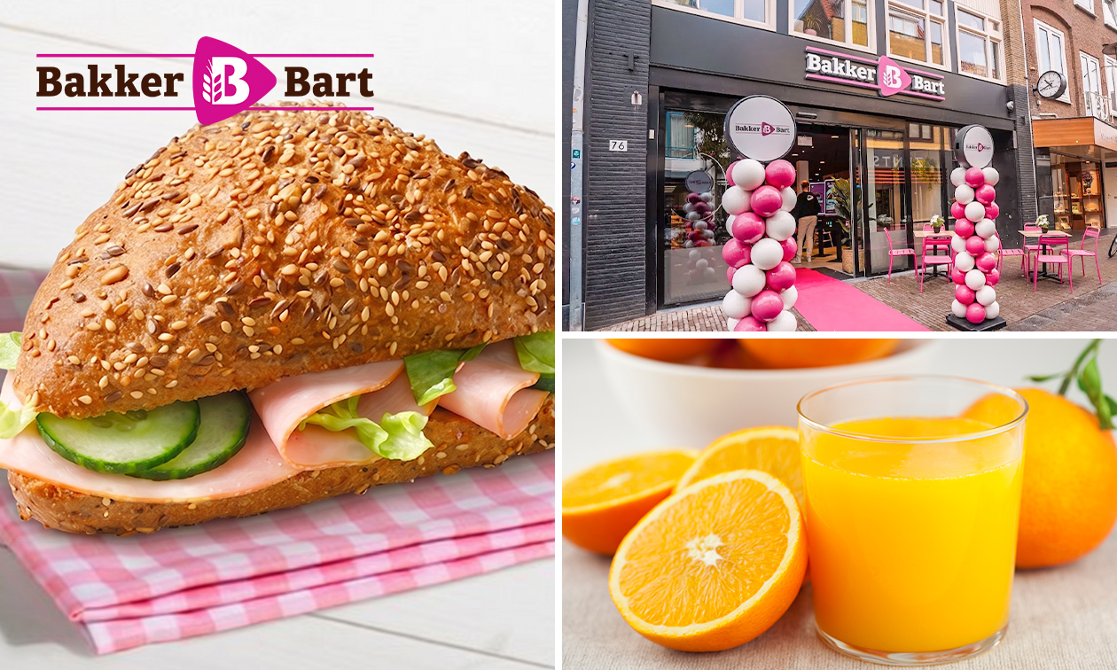 Broodje + warme drank of vers sap + suikerdonut bij Bakker Bart Broodje + warme drank of vers sap + suikerdonut bij Bakker Bart