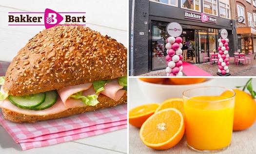 Broodje + warme drank of vers sap + suikerdonut bij Bakker Bart