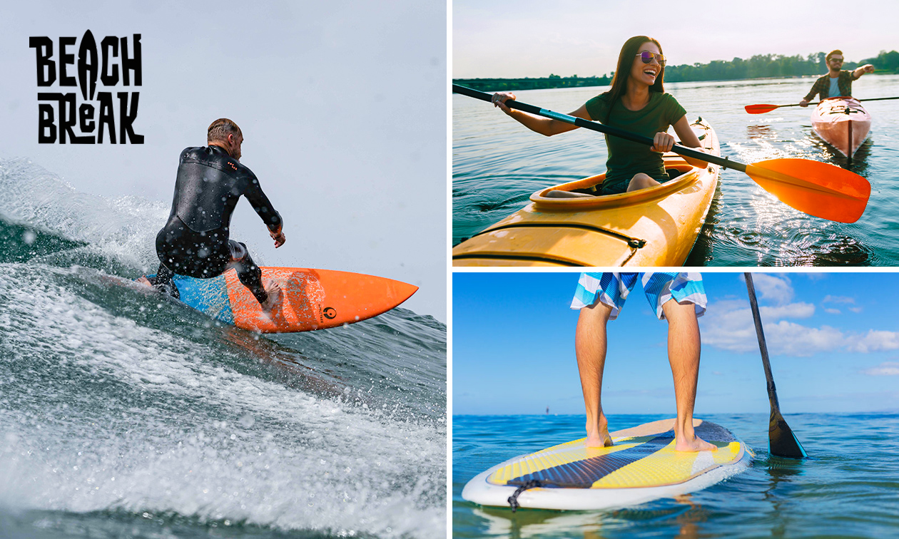 Huur van sup, kajak of surfboard óf 2 uur surfles
