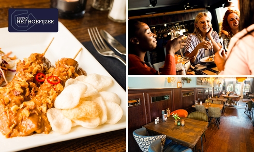 Kipsaté + friet + kroepoek + koolsla bij Bistro Het Hoefijzer