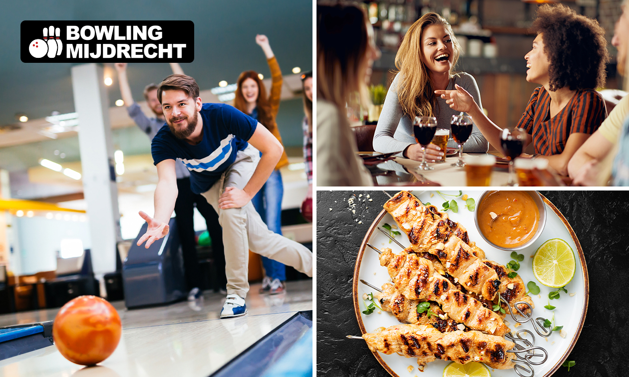 1 uur bowlen (4 t/m 12 pers) + kipsaté + friet + salade