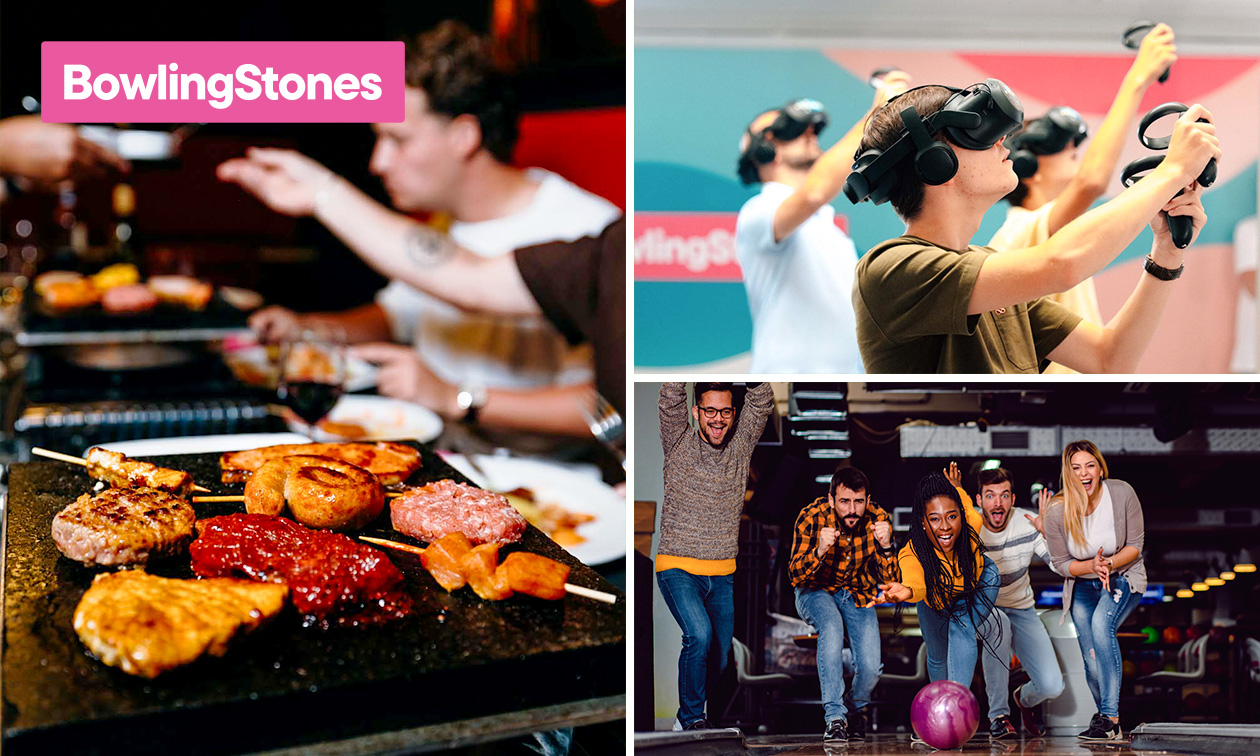 Steengrillen + halve fles wijn of water + bowlen (2 uur) of VR-game (40 min)
