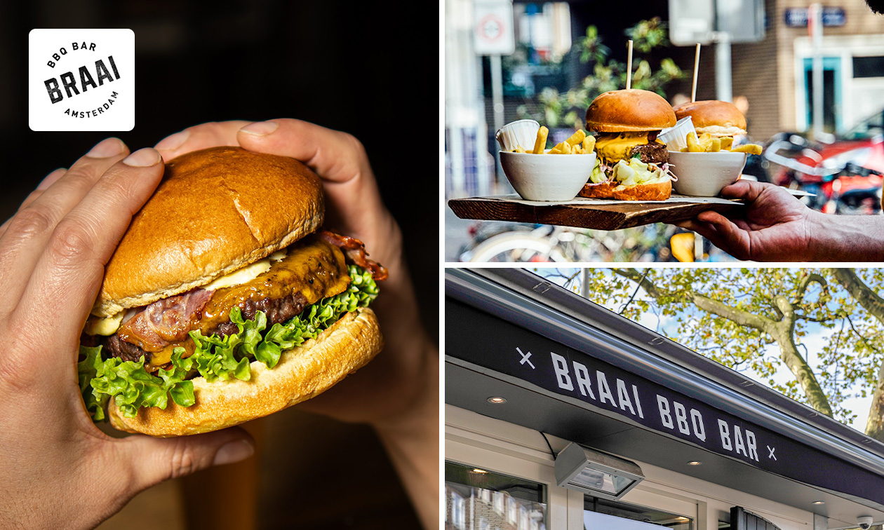 Burger + friet + saus + drankje om af te halen in hartje Amsterdam