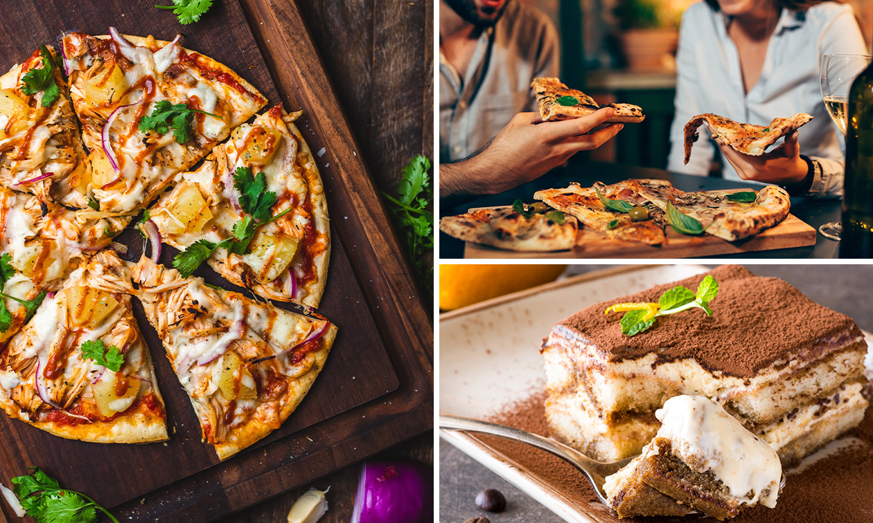 Pizza nach Wahl + Dessert oder Pizza zum Mitnehmen