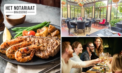 Surf & turf steak met gamba's + steppegras of friet bij Brasserie Notariaat