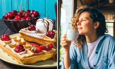 Waffel mit Eis und heißen Kirschen + Heißgetränk nach Wahl