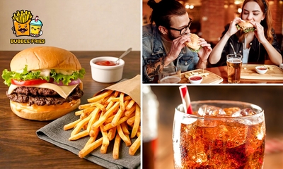 Burger + friet met saus + frisdrank naar keuze voor dine-in of afhaal