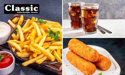 Friet + saus + 2 snacks + drinken naar keuze
