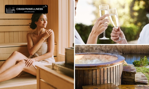 Privésauna- en hottub-arrangement (6 uur) voor 2 pers. + evt. wijn of champagne