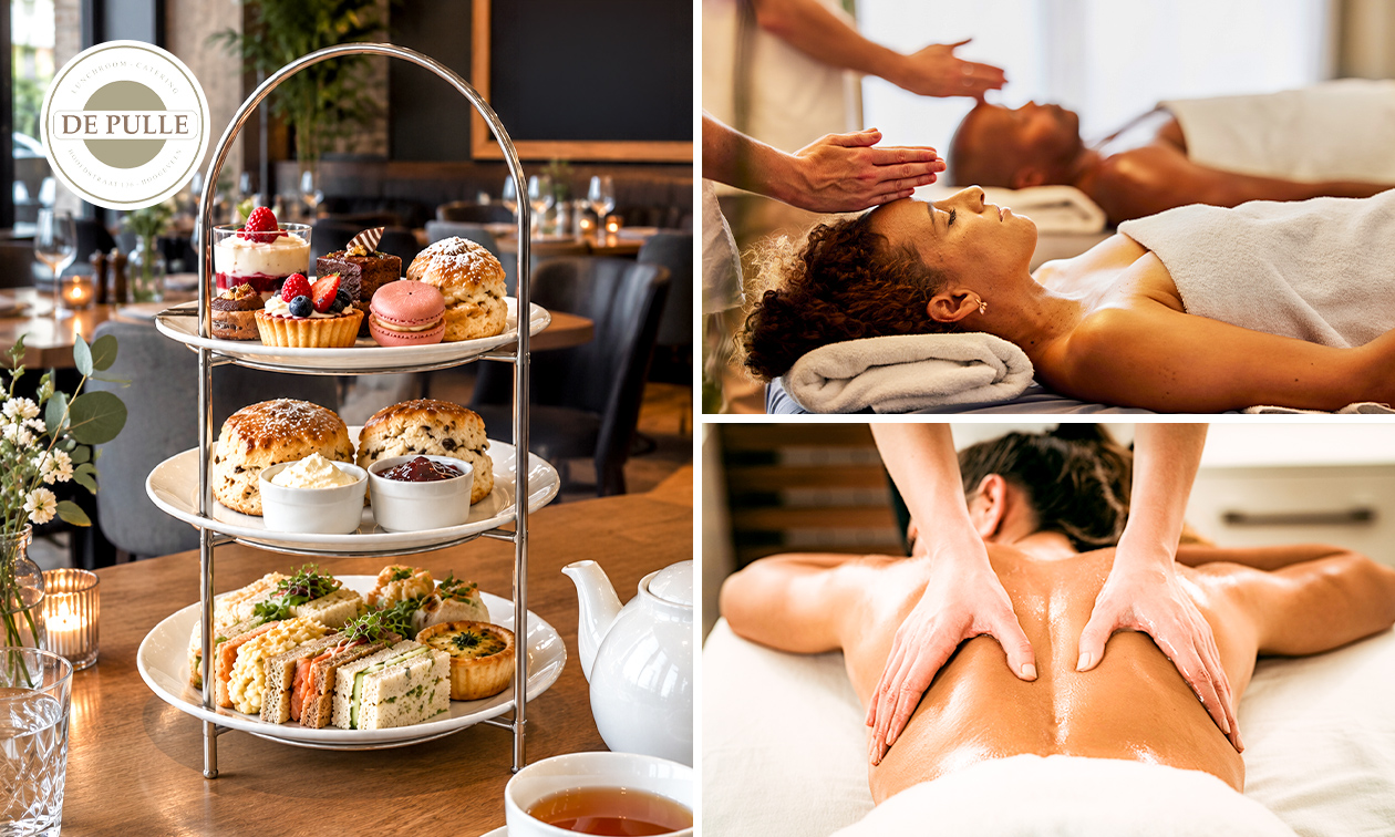 Luxe 5-gangen high tea (2 uur) + duo-gezichtsbehandeling of massage (25 min) bij De Pulle