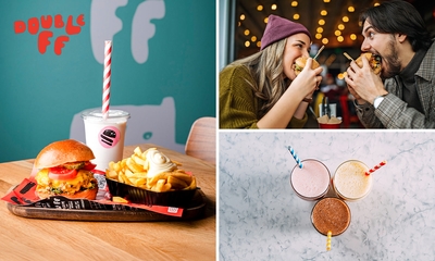 Burger + friet + saus + milkshake naar keuze