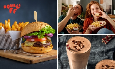 Burger + friet + saus + milkshake naar keuze