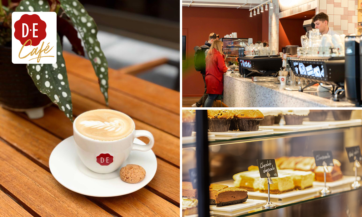 Medium koffie + gebak met slagroom bij Douwe Egberts Café