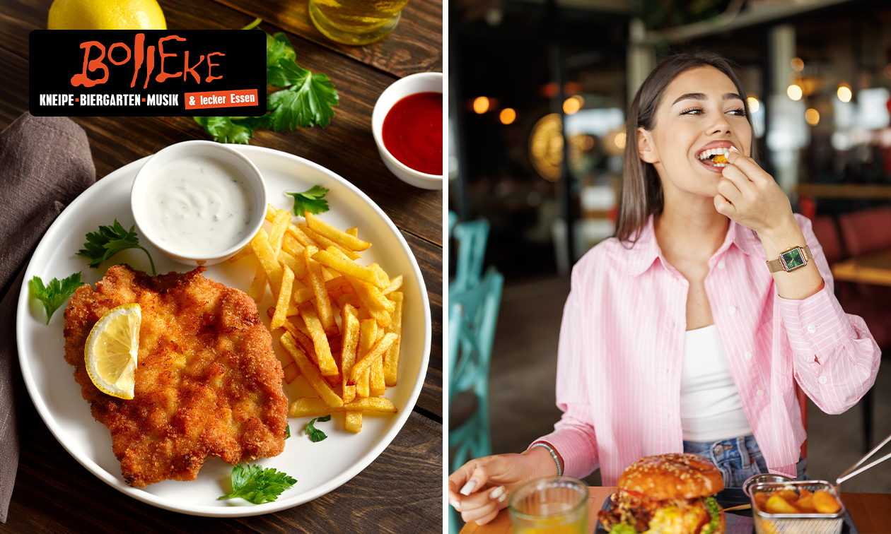 Hamburger nach Wahl oder Schnitzel + große Pommes + opt. Salat