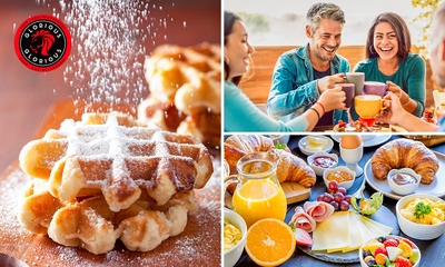 Genießer Frühstück oder Waffel mit Puderzucker + Heißgetränk nach Wahl