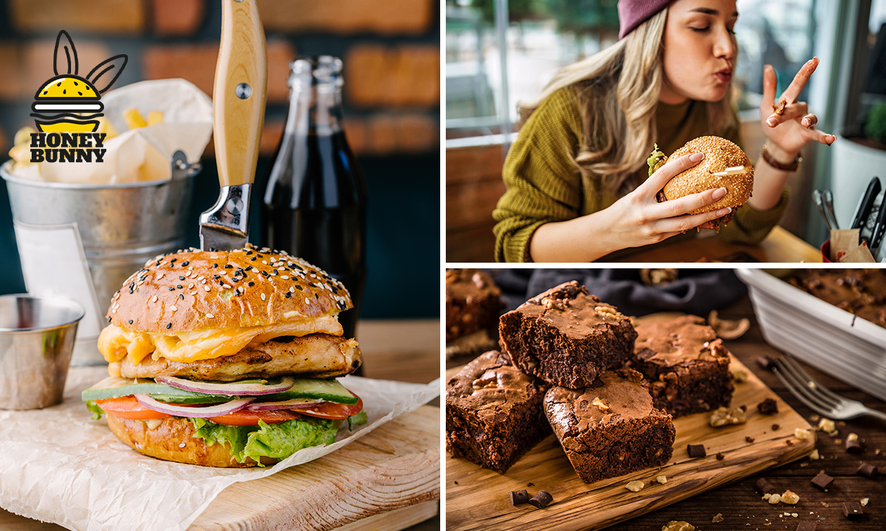 Hamburger naar keuze + friet + drankje + dessert