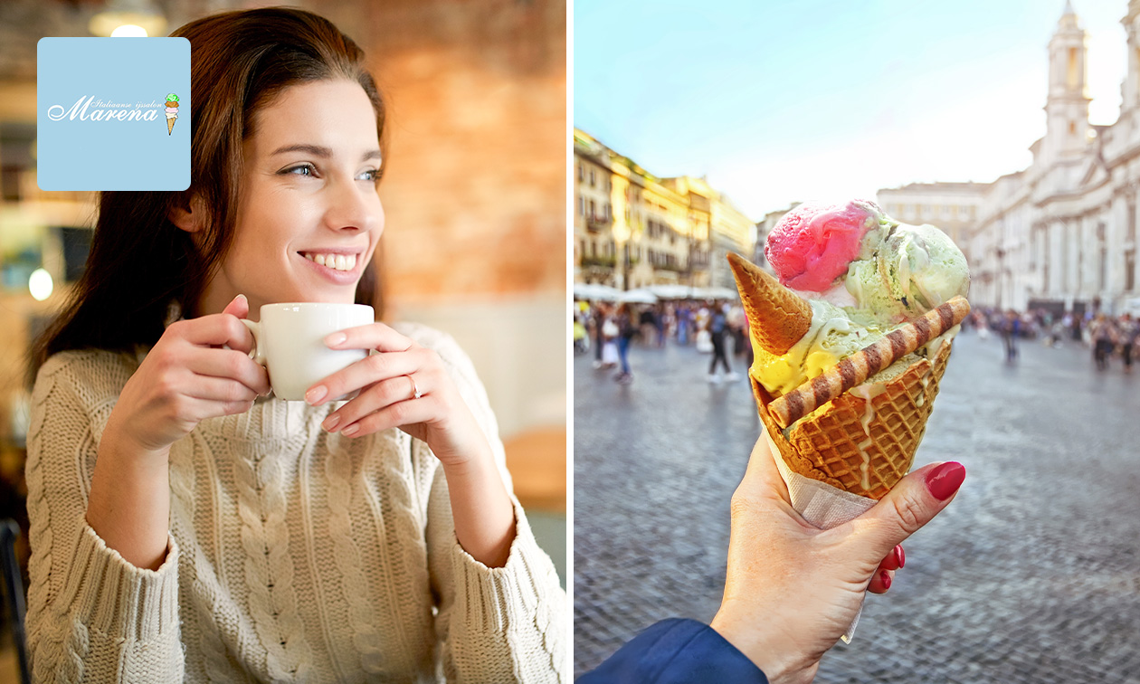 3 bolletjes ijs met slagroom + warme drank of 4 bolletjes ijs met slagroom bij IJssalon Marena