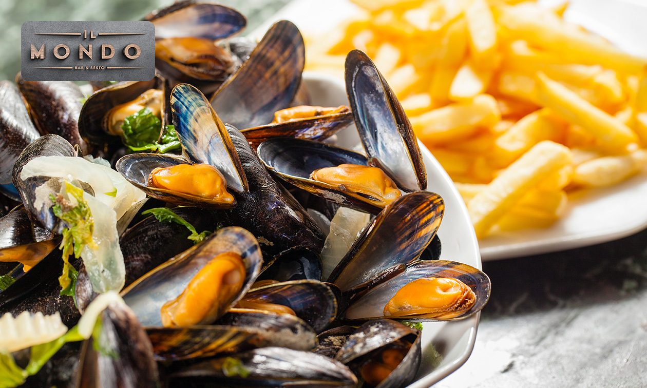 Mosselen (1 kg) à la carte + friet + saus +  dessert bij Il Mondo