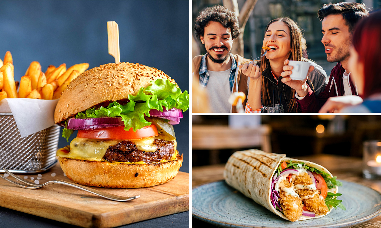 Burger, wrap of kapsalon + chicken tenders + friet met saus + frisdrank naar keuze