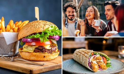 Burger, wrap of kapsalon + chicken tenders + friet met saus + frisdrank naar keuze