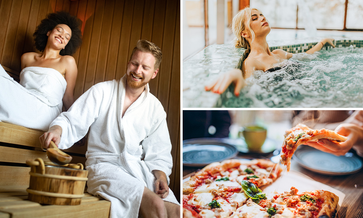 Sauna-arrangement voor 2 (2 uur) + hapjes of pizza + fles cava