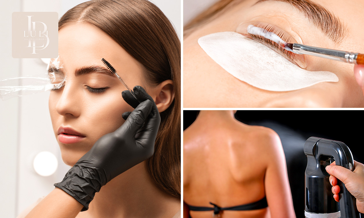 Henna brows, brow lamination, Korean wimperlift + verven of spray tan
