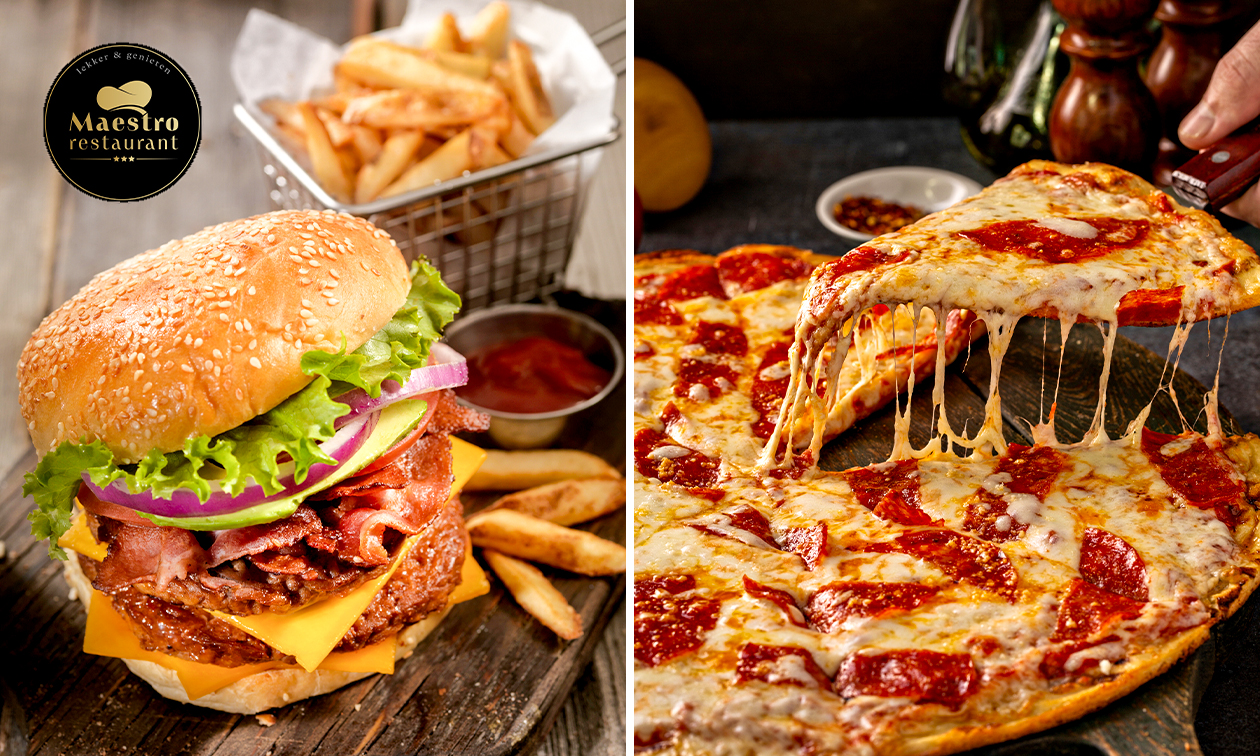Pizza + drankje of burger + friet + drankje voor afhaal