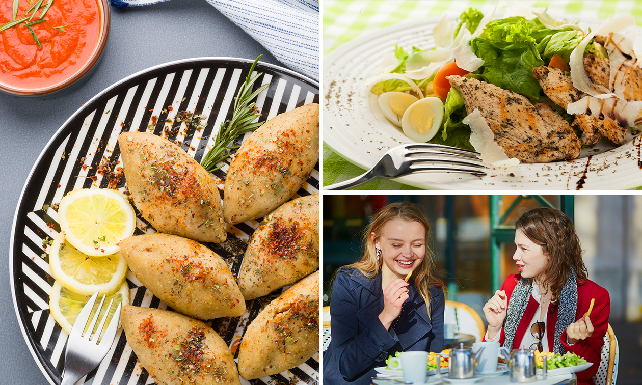 Kip- of vleesmaaltijd met salade of friet inclusief dessert (ter plaatse of afhaal)