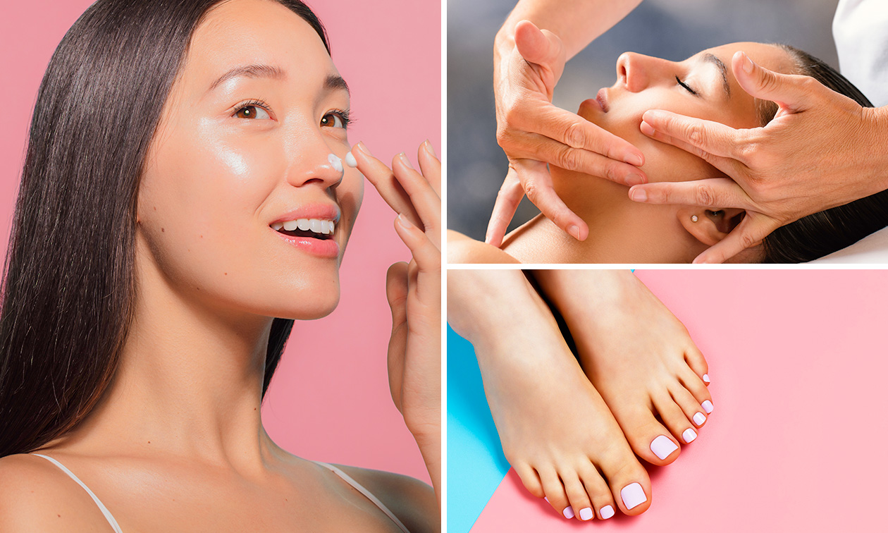 Gelaats- en pedicurebehandeling en massage (100 min)