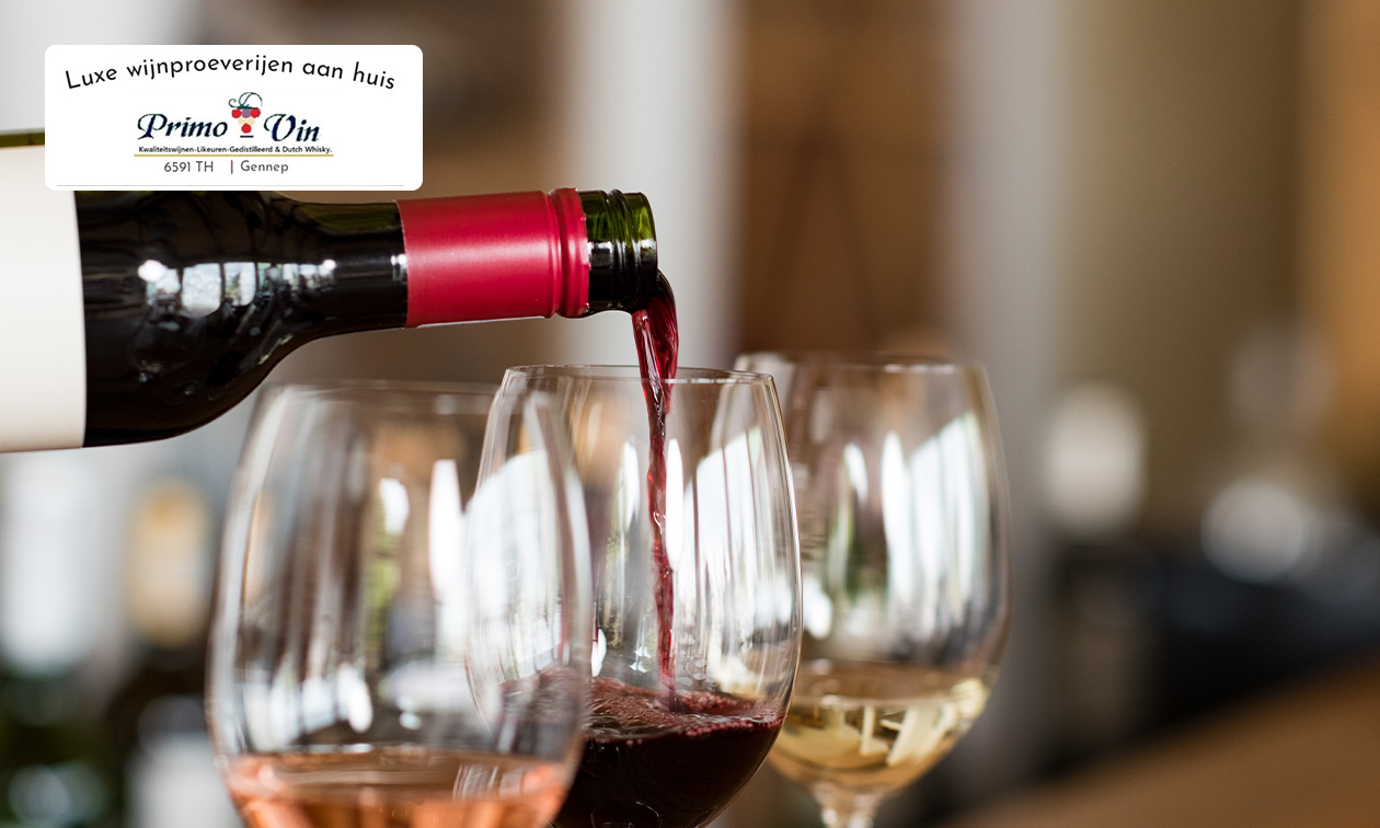 Luxe wijnproeverij voor 4, 6 of 8 personen (2 uur) bij jou thuis of op locatie naar keuze