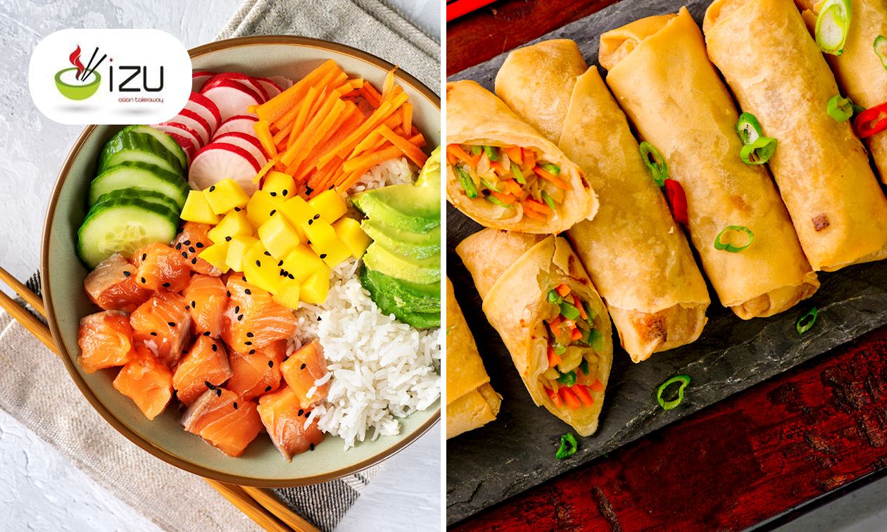 Pokébowl + 8 miniloempia's met chilisaus voor afhaal bij Restaurant IZU