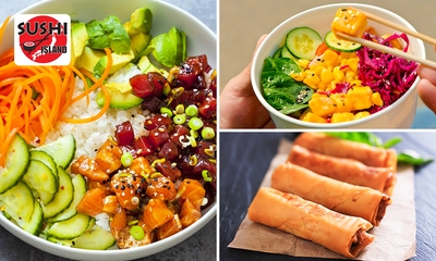 Pokébowl naar keuze + 10 loempia's voor afhaal bij Sushi Island Lelystad