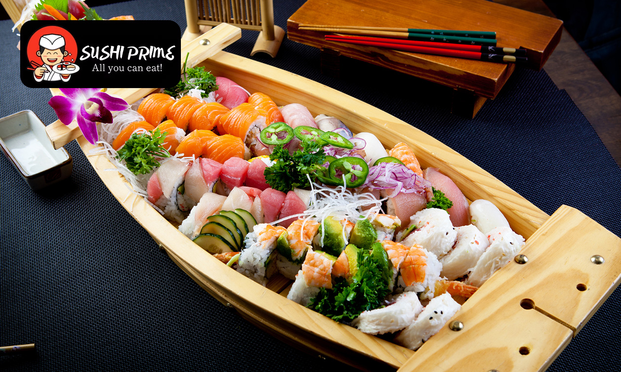 Sushiboot voor 2 (48 stuks) + 6 loempia's voor afhaal bij Sushi Prime