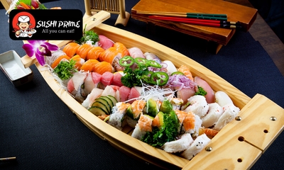 Sushiboot voor 2 personen (48 stuks) + 6 loempia's voor afhaal bij Sushi Prime