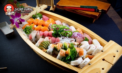 Sushiboot voor 2 personen (48 stuks) + 6 loempia's voor afhaal bij Sushi Prime