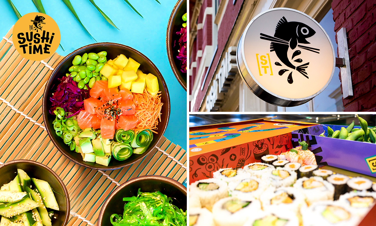 Sushibox (16, 32 of 72 stuks) of pokébowl + snack om af te halen bij Sushi Time Amsterdam