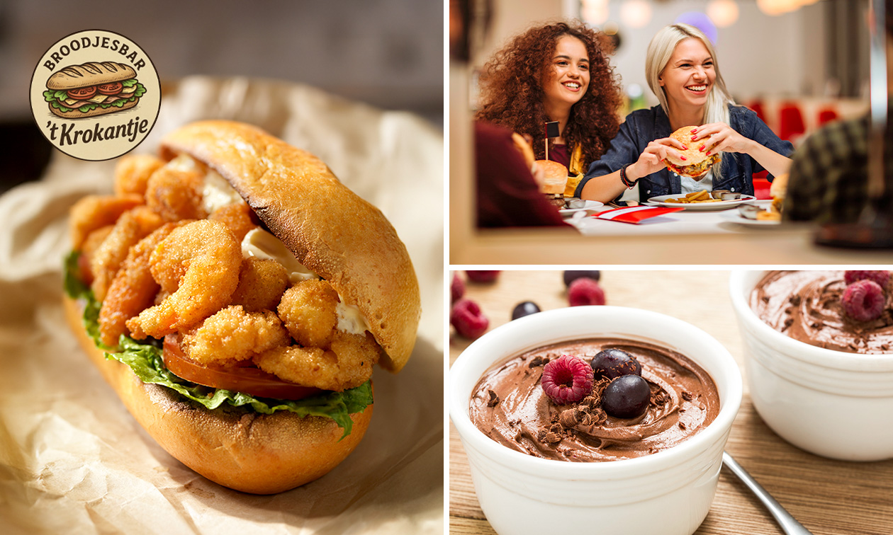 Groot broodje naar keuze + drankje + dessert