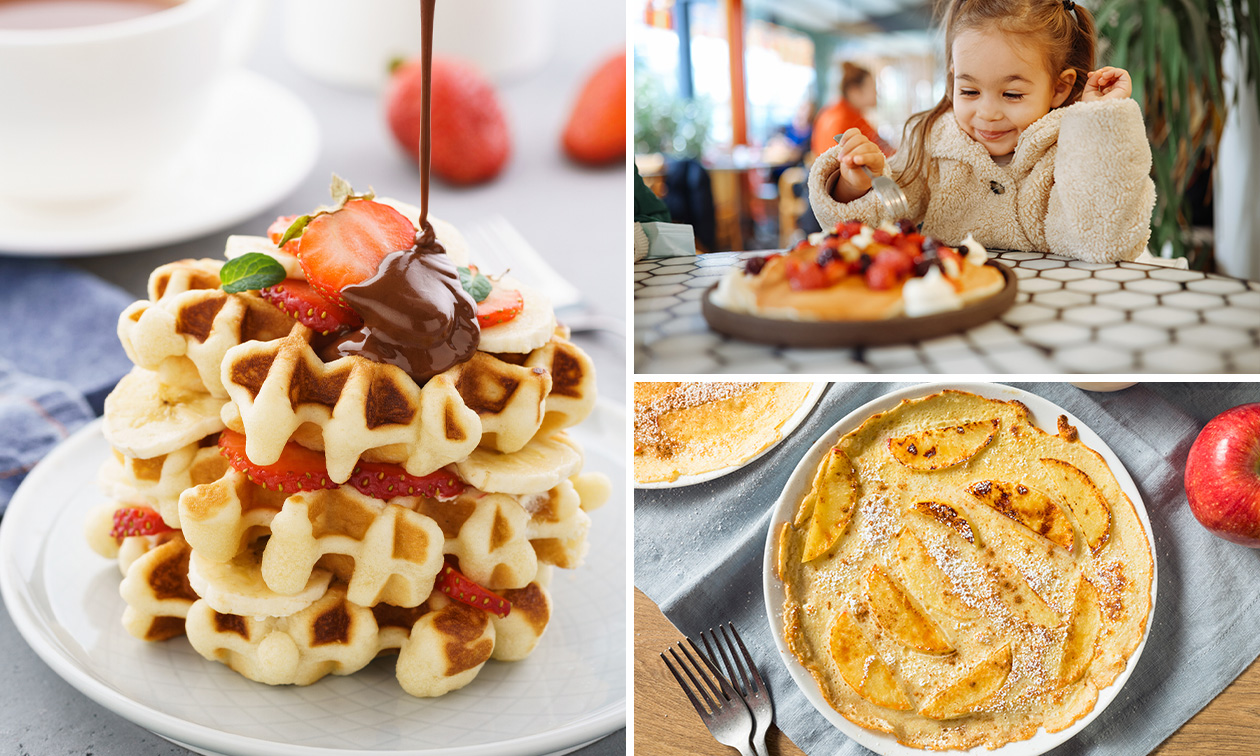 Pannenkoek of wafel + topping naar keuze of vers fruit + warme drank