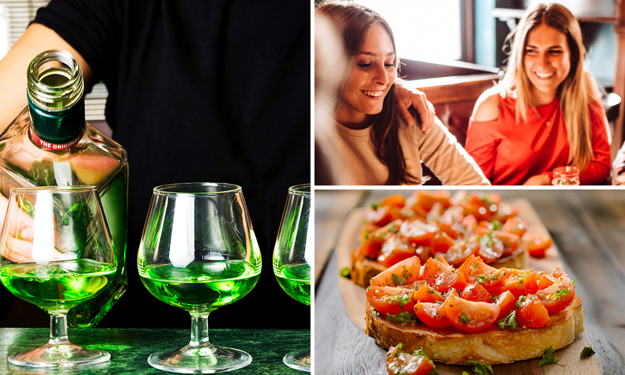 Glas of karaf absint + 2 of 4 bruschetta's van de chef