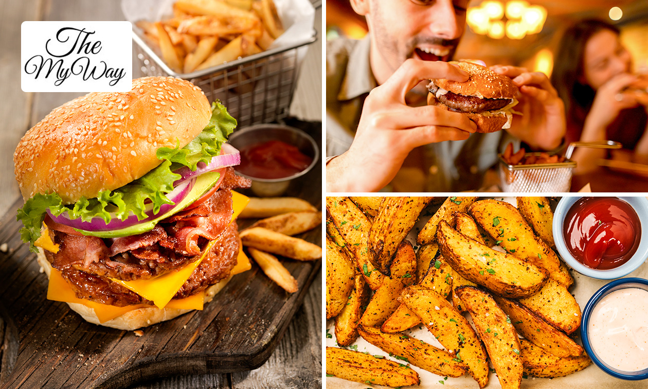 Dikke burger + aardappelpartjes + slaatje