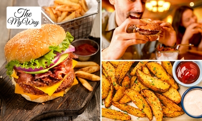 Dikke burger + aardappelpartjes + slaatje