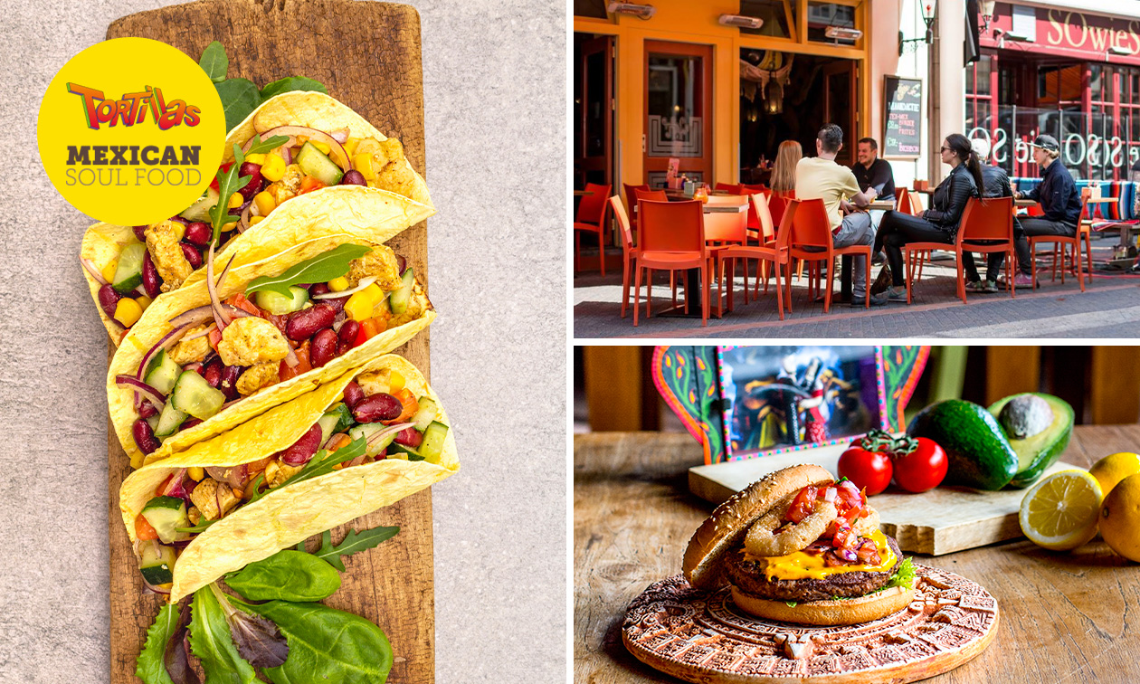 4-gangen taco- of burgerdiner + bijgerecht + frozen cocktail bij Tortillas