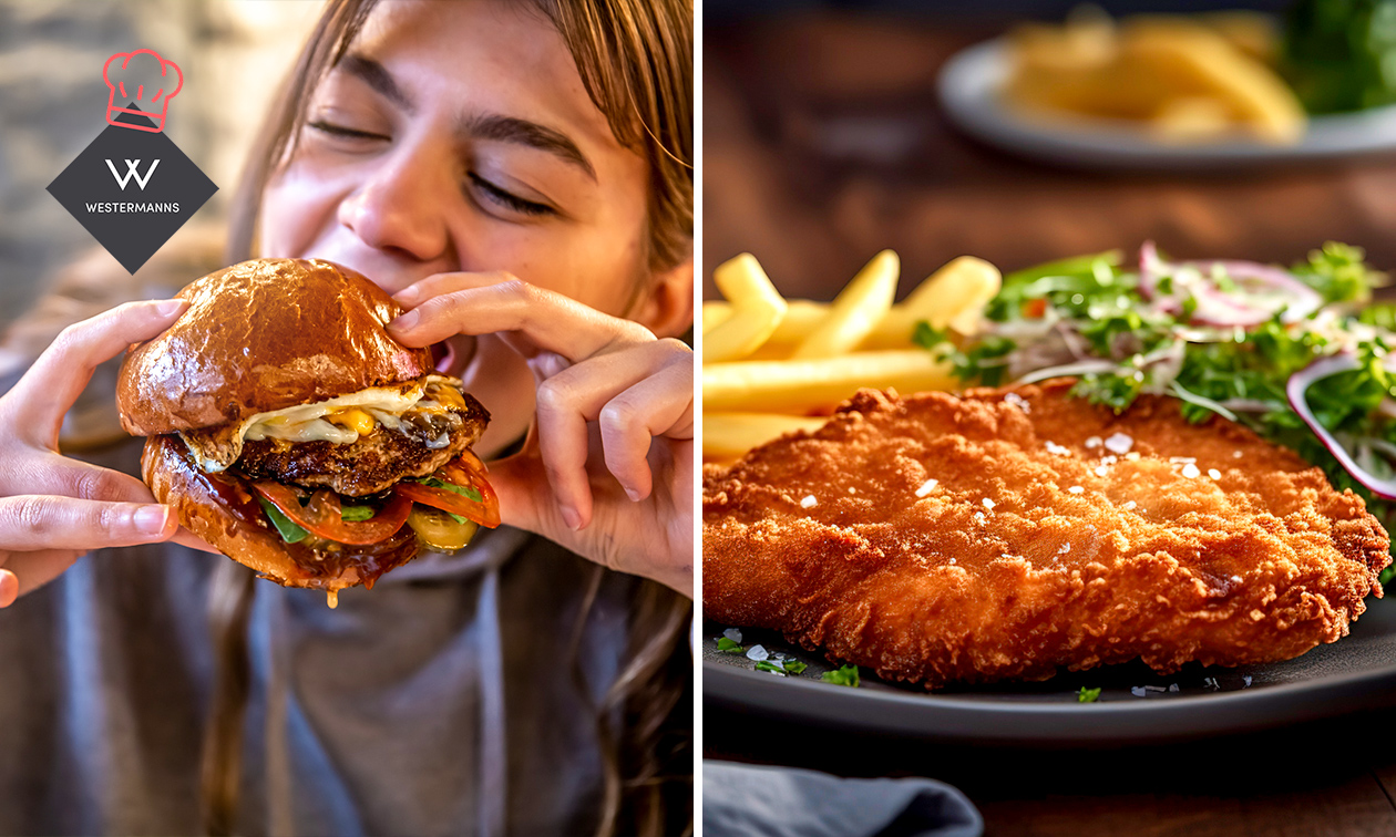 Burger oder Schnitzel nach Wahl + Pommes + Salat