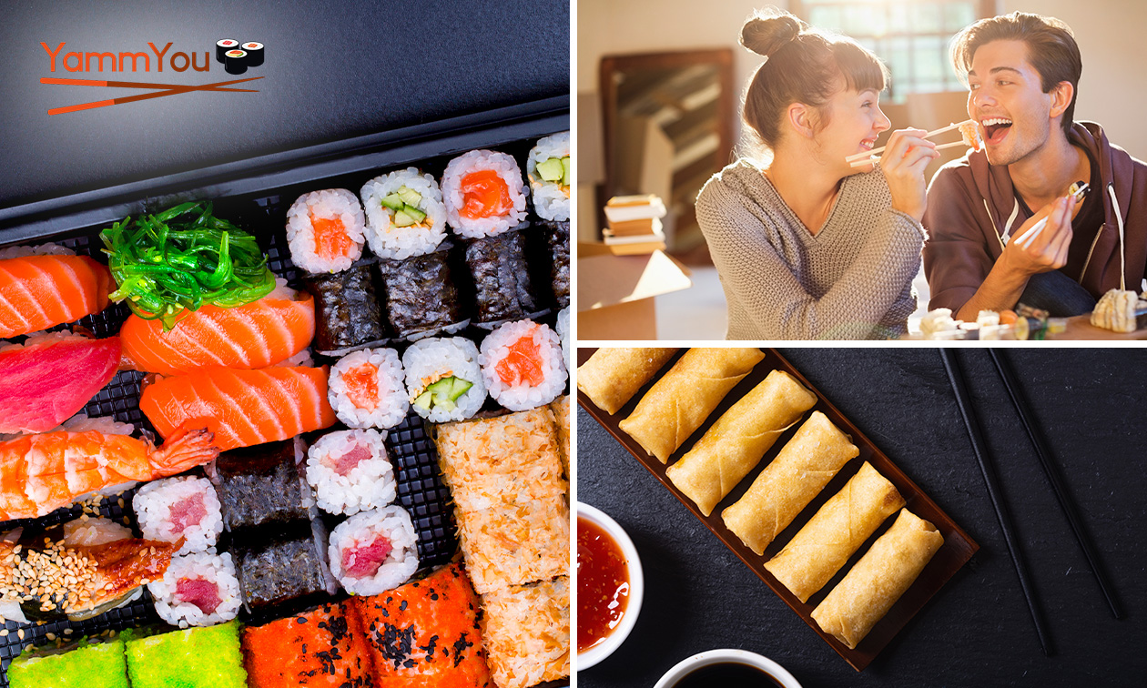 Sushibox (50 stuks) + 6 vegetarische loempia's om af te halen
